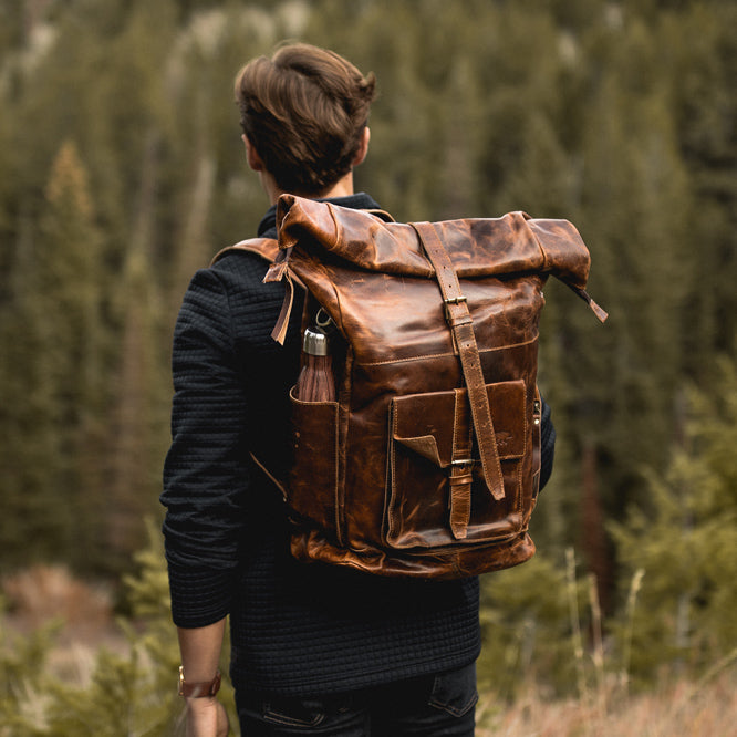 The Kobuk Men's Leather Backpack Roll Top Rucksack For Laptops Antique Brown Rear