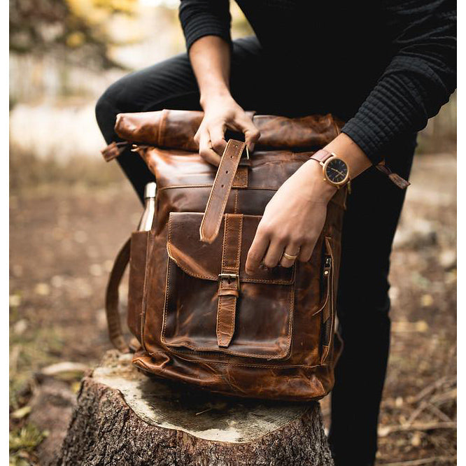 The Kobuk Men's Leather Backpack Roll Top Rucksack For Laptops Antique Brown Closed