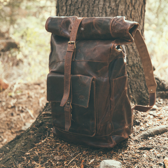 The Kobuk Men's Leather Backpack Roll Top Rucksack For Laptops Dark Walnut Side