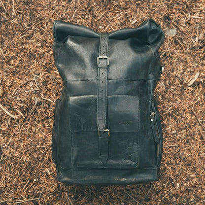 The Kobuk Men's Leather Backpack Roll Top Rucksack For Laptops Midnight Black