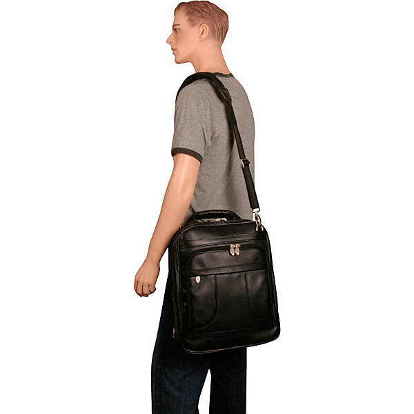 Black Leather Laptop Backpack for Men - Convertible Briefcase Worn Messenger