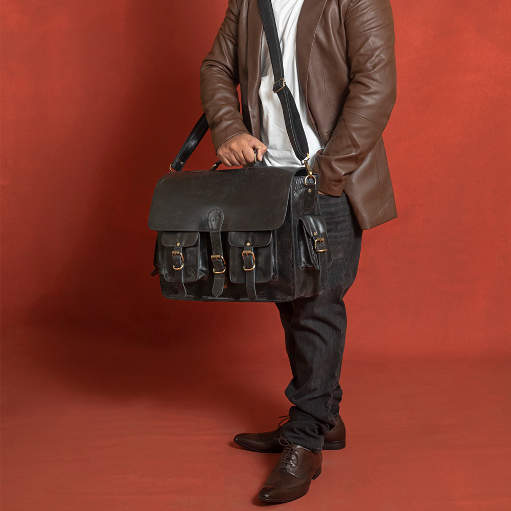 Black Leather Laptop Briefcase - Full Grain Messenger Bag for Men