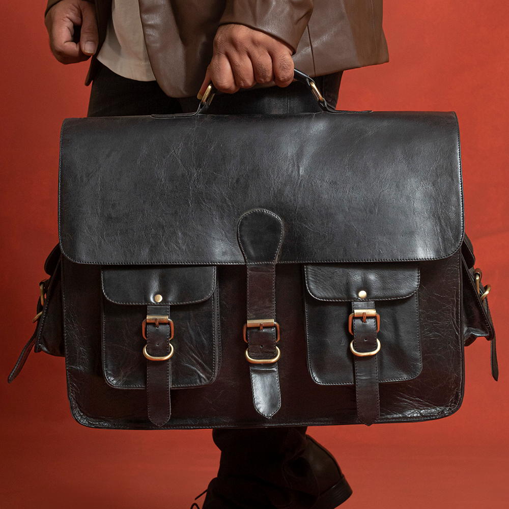 Black Leather Laptop Briefcase - Full Grain Messenger Bag for Men