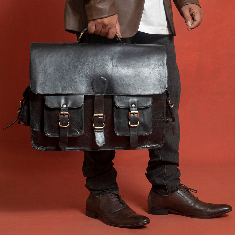 Black Leather Messenger Briefcase Bag for Men