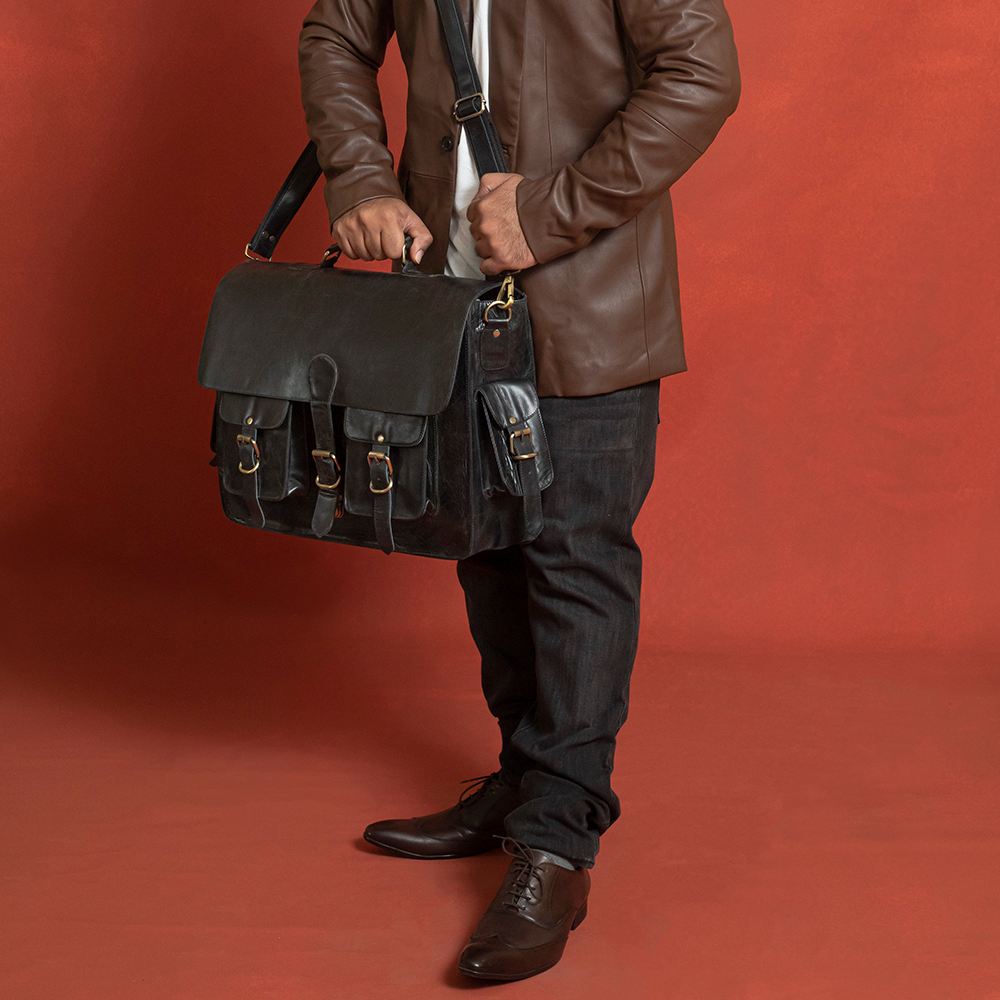 Black Leather Laptop Briefcase - Full Grain Messenger Bag for Men