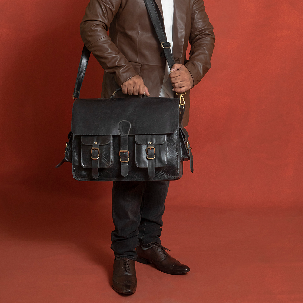 Black Leather Laptop Briefcase - Full Grain Messenger Bag for Men