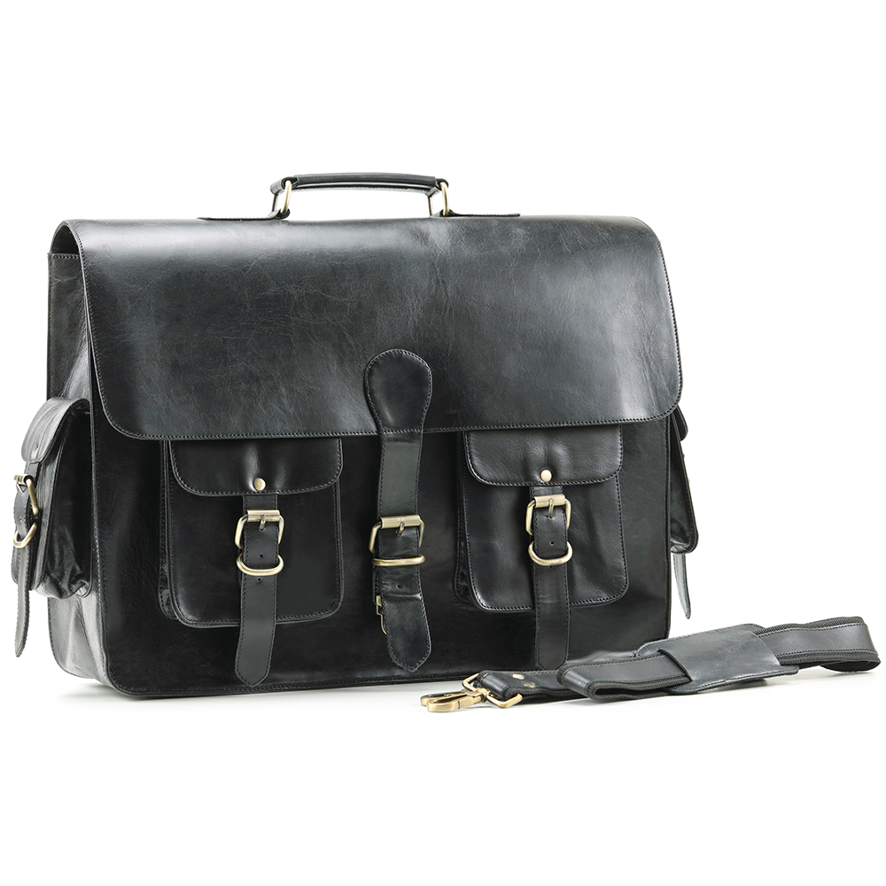 Black Leather Laptop Briefcase - Full Grain Messenger Bag for Men
