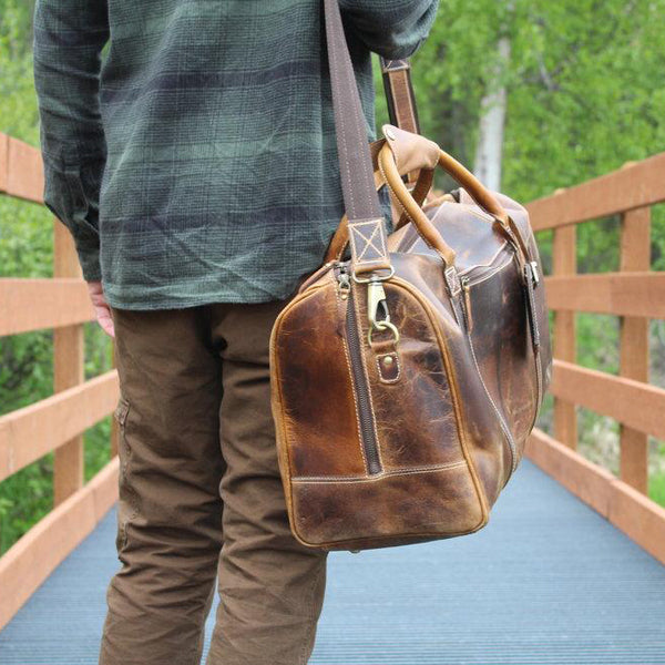 Men's Overnight Travel Leather Duffel Bag - 30L Top Grain Leather Back VIew