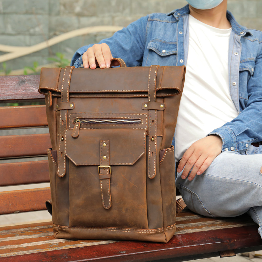 The Roller | Men's Rolltop Leather Laptop Backpack