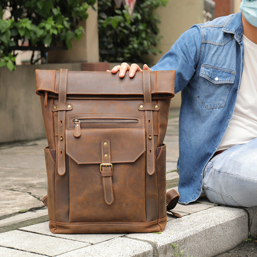 The Roller | Men's Rolltop Leather Laptop Backpack