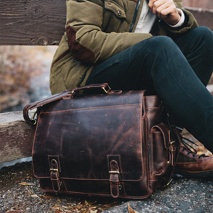 Men's Buffalo Leather Messenger Bag 15 Inch Laptops - Vintage Satchel