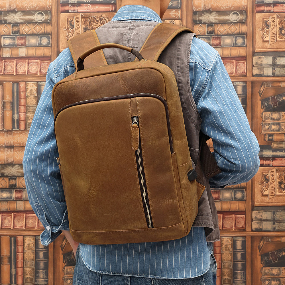 Leather Backpack for 15 Inch Laptops - Unisex Travel Bookbag