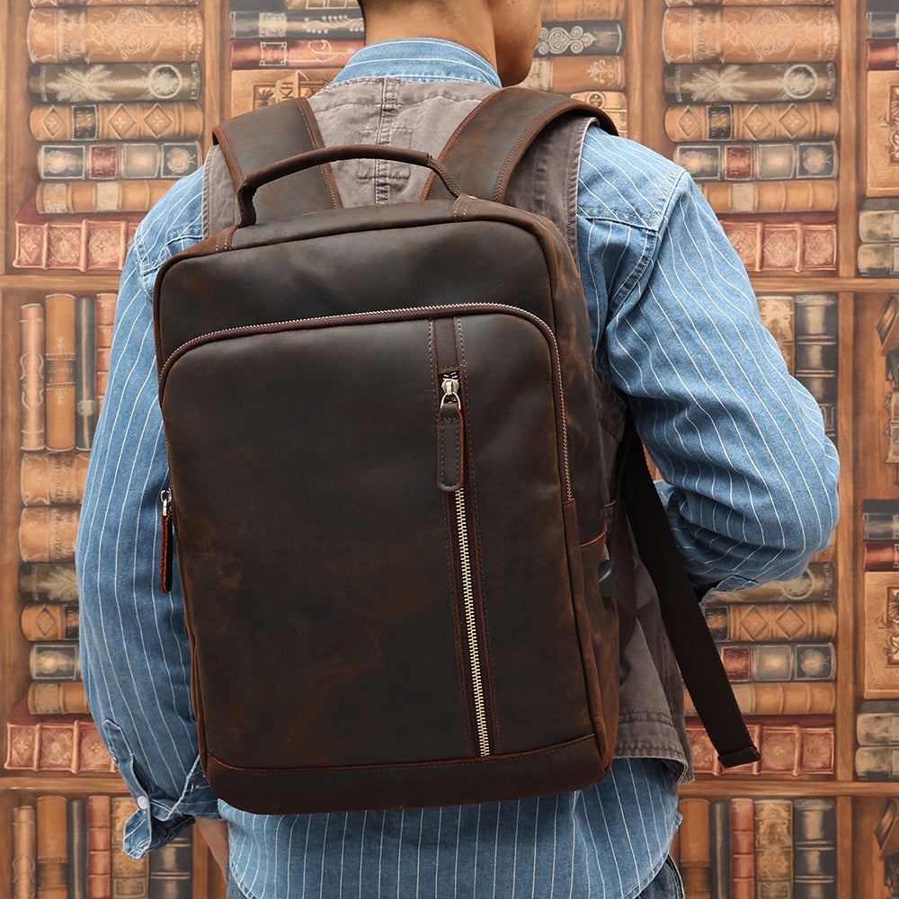 Leather Backpack for 15 Inch Laptops - Unisex Travel Bookbag