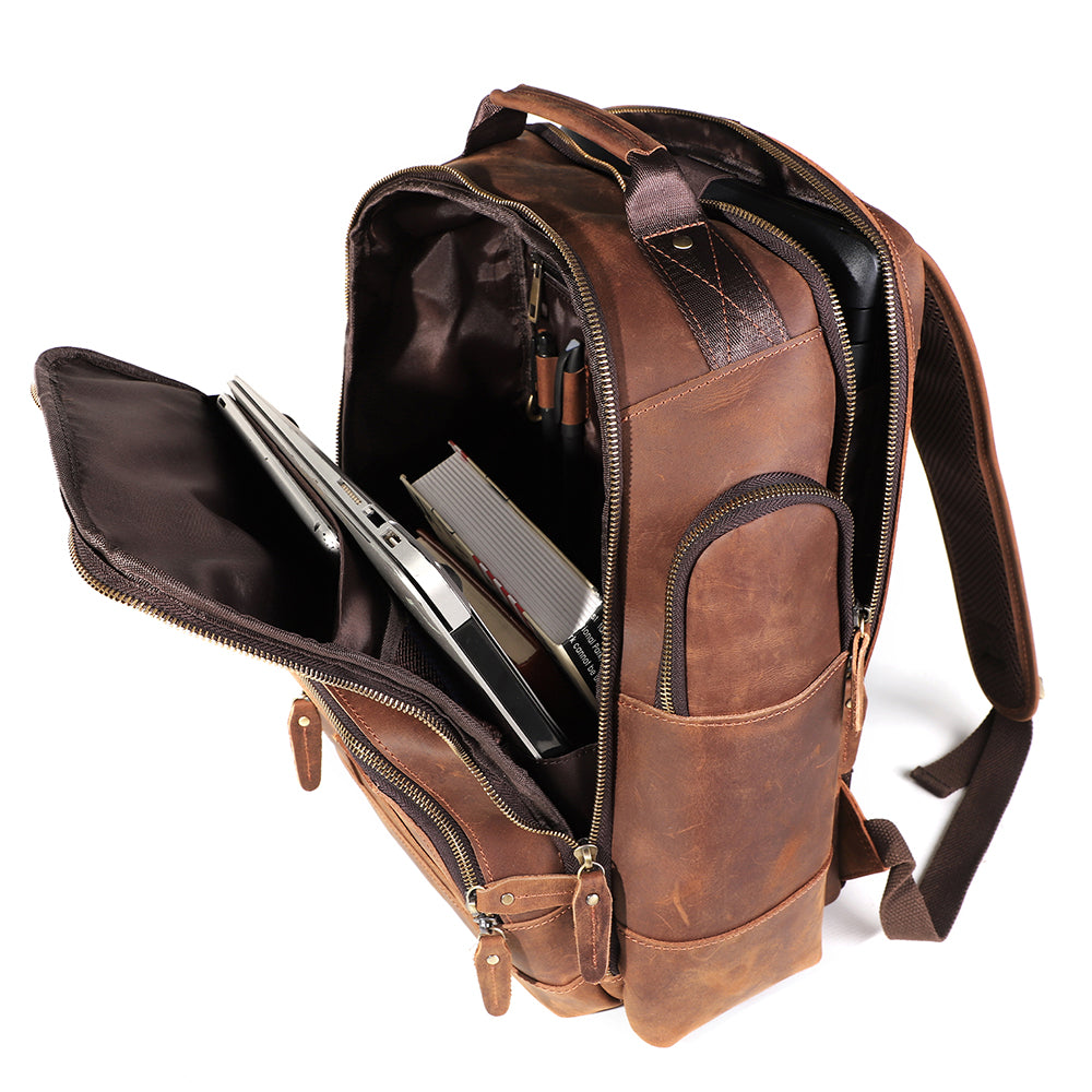 Light Brown Leather Laptop Backpack for Men - Large Rucksack & Bookbag