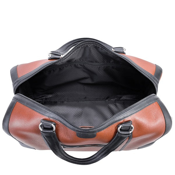 Men's Two Tone Leather Duffel Bag Brown Open Wide