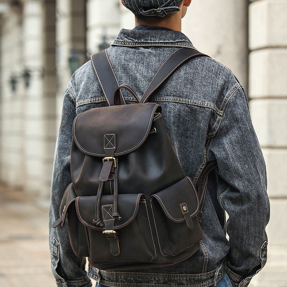 Leather Drawstring Backpack Large Top Grain Leather Rucksack