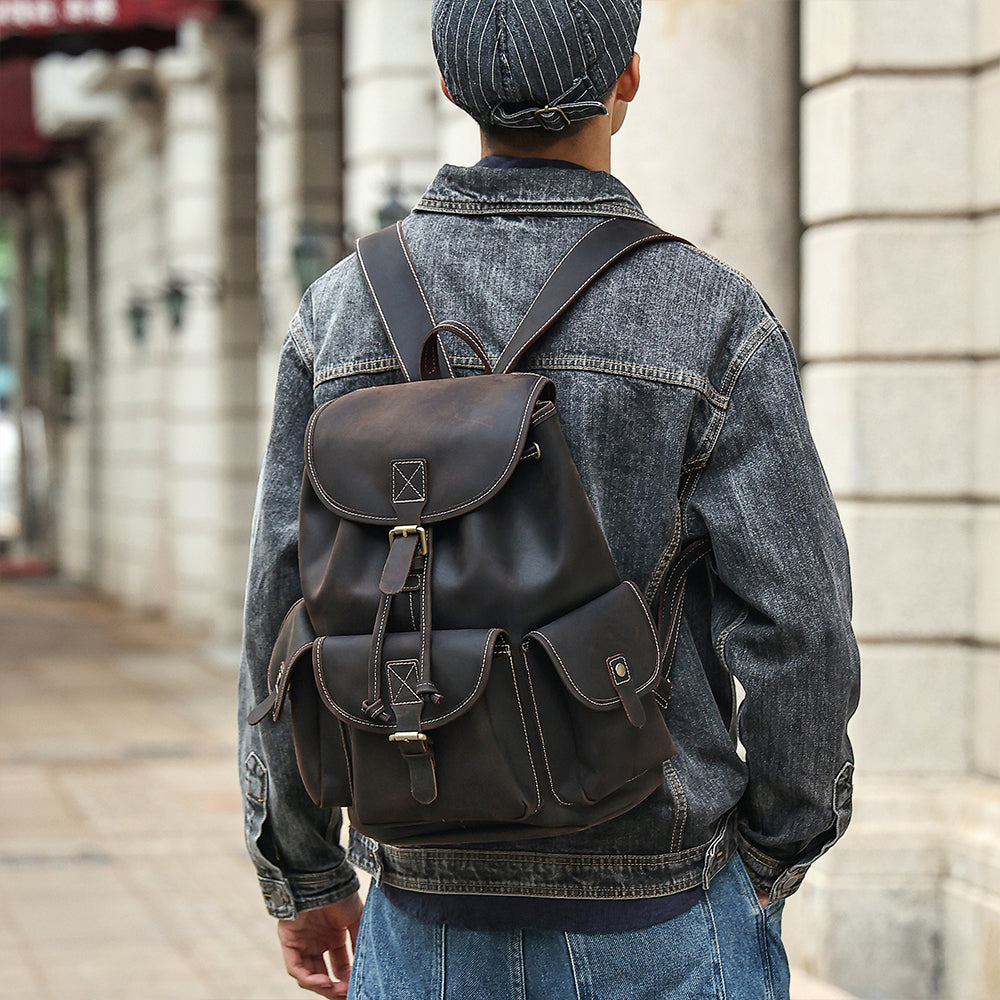 Leather Drawstring Backpack - Large Top Grain Leather Rucksack