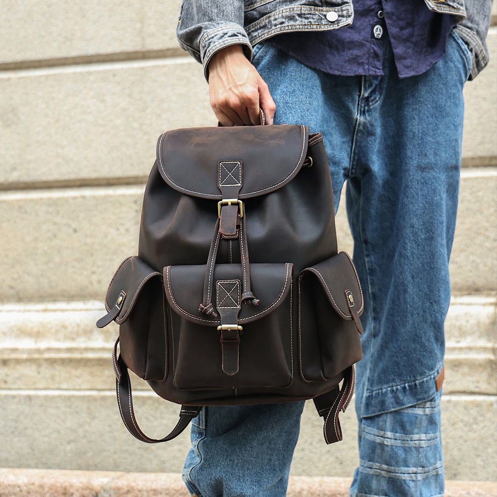 the vacationer leather drawstring backpack