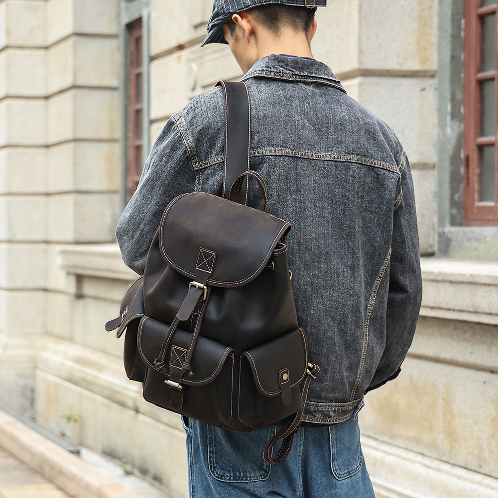Leather Drawstring Backpack - Large Top Grain Leather Rucksack