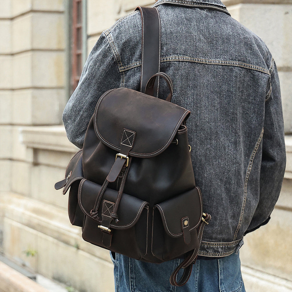 Leather Drawstring Backpack Large Top Grain Leather Rucksack