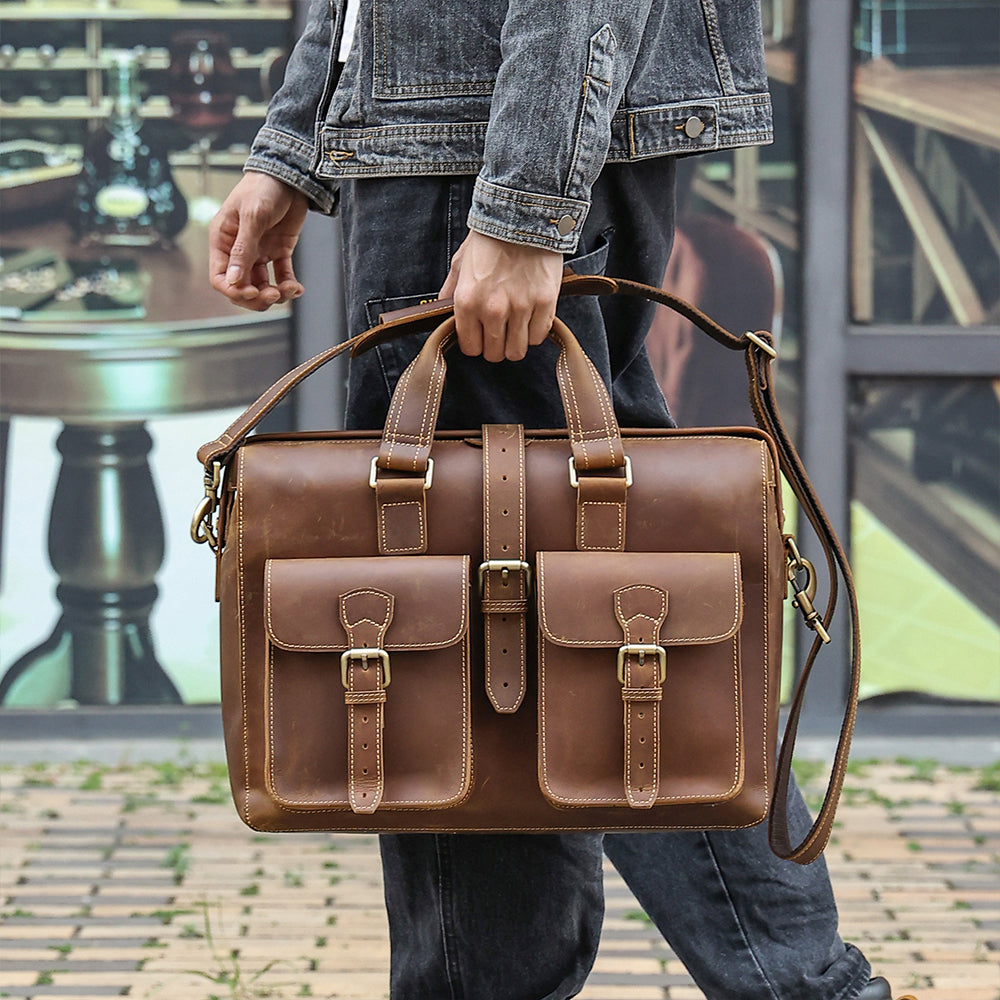 Leather Laptop Bag Briefcase for Men - Shoulder Book Bag for Work