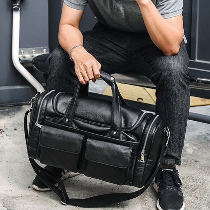 vThe Vita | Men's Black Leather Duffle Travel Bag - Pebbled Leather