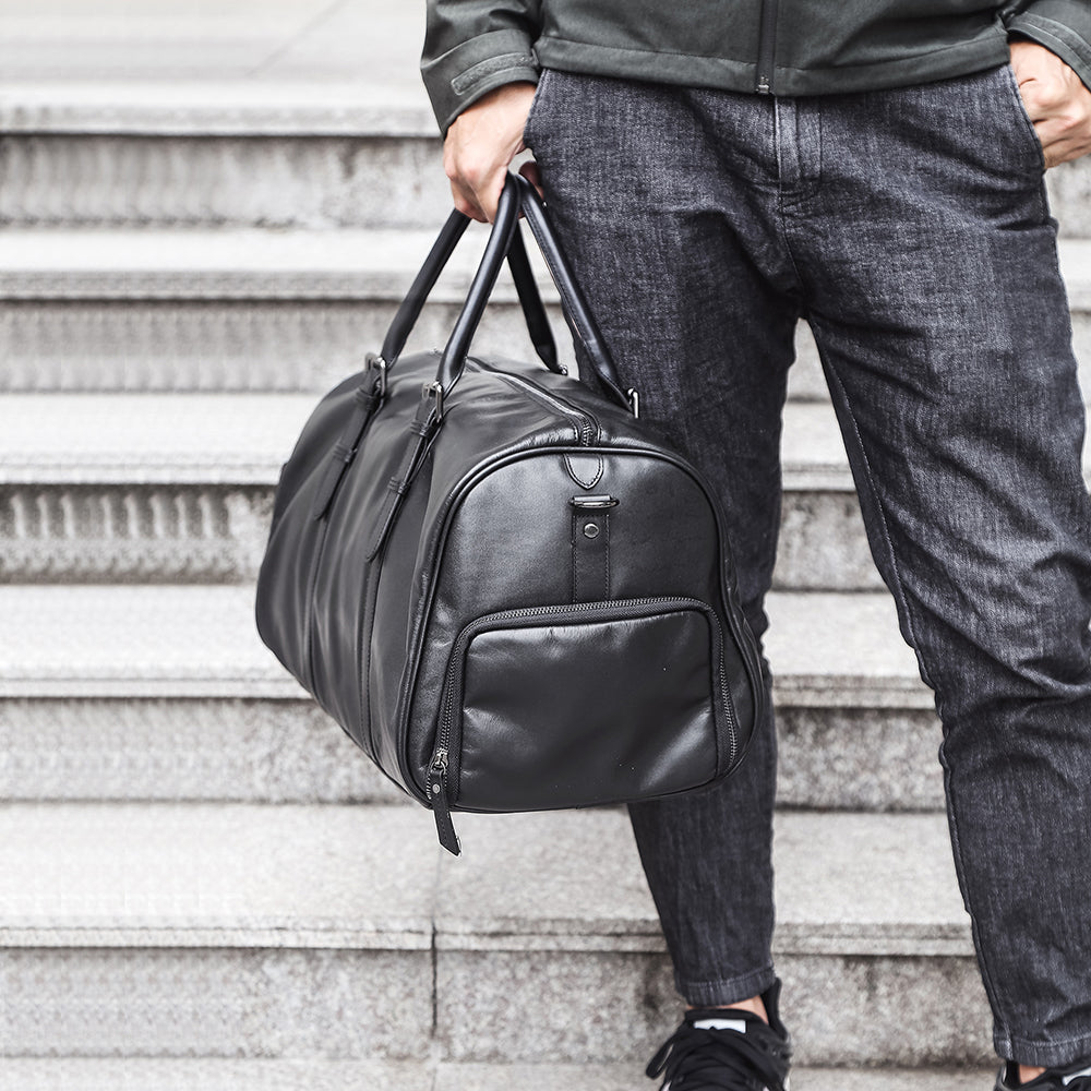 Black leather duffle deals bag