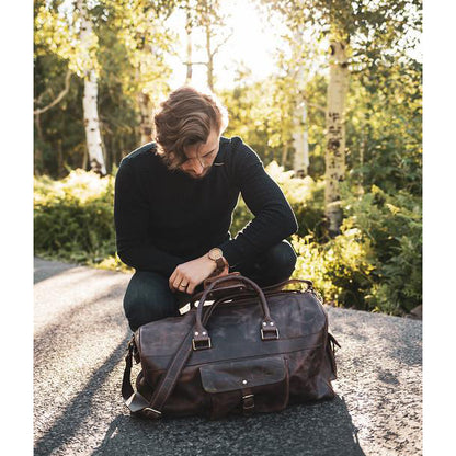 Men's Buffalo Leather Duffel Bag - Weekend Bag for Travel Dark Brown