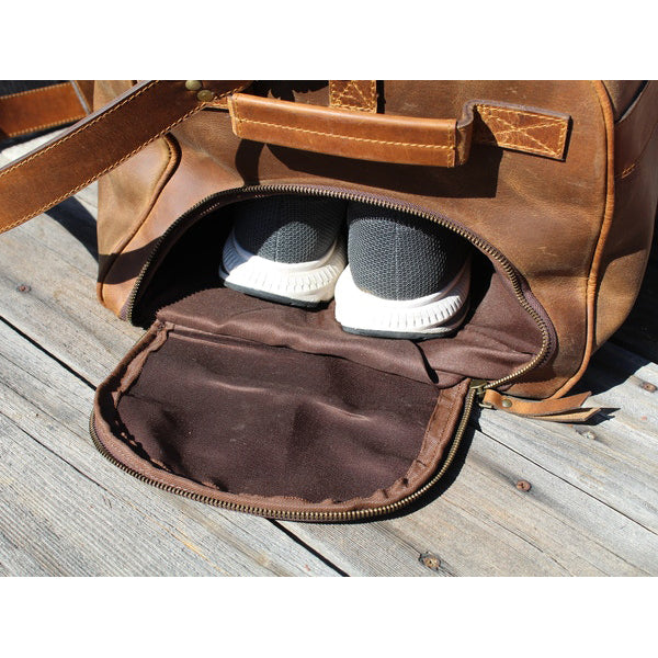 Mens leather duffle discount bag with shoe compartment