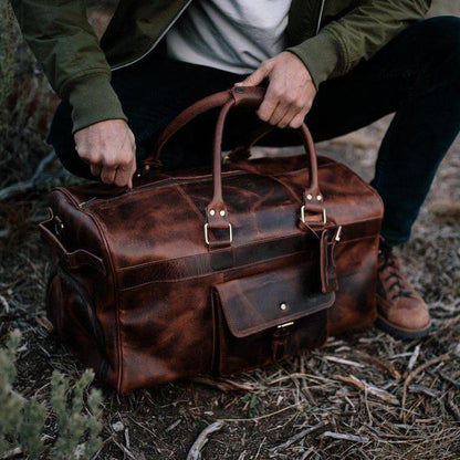 Men's Buffalo Leather Duffel Bag - Weekend Bag for Travel top view
