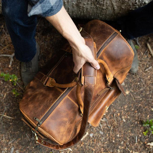 Men's Buffalo Leather Duffel Bag - Weekend Bag for Travel top view 